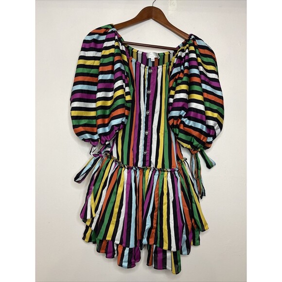 Caroline Constas Womens XS Striped Bella Dress Rainbow Striped Tiered Ruffle - Picture 1 of 10
